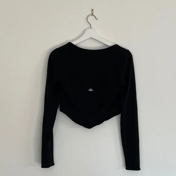 Alo Yoga Womens Black Long Sleeve Corset Top Square Neck Curved Hem Medium - Picture 2 of 9